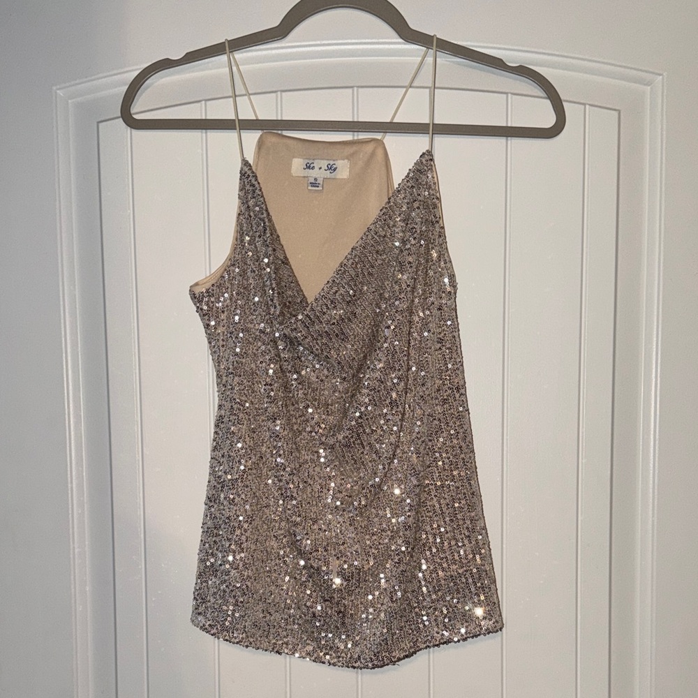 She + Sky Glittering Sequin Beige Camisole